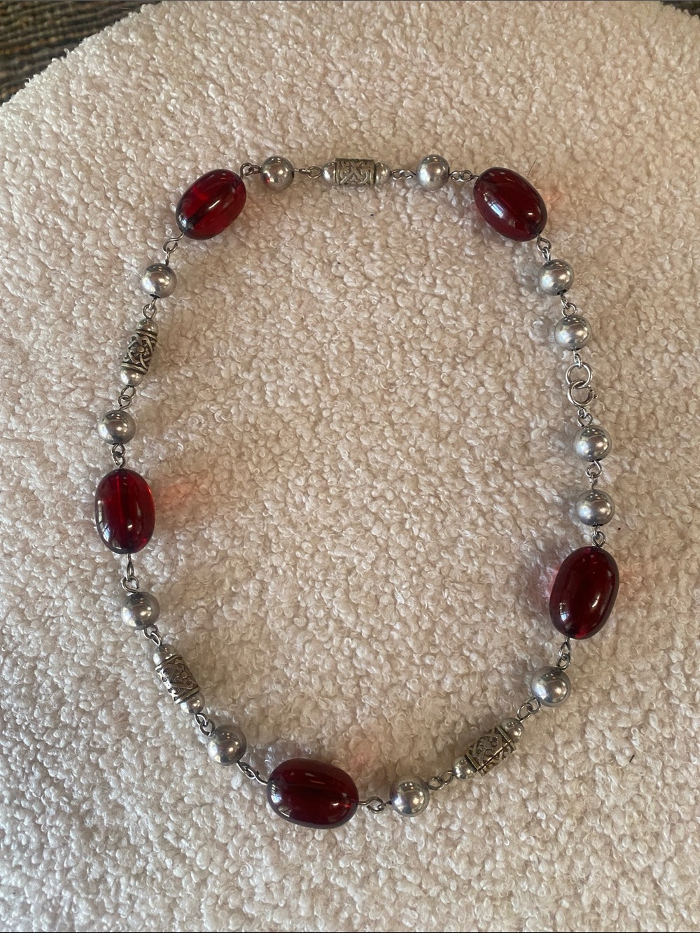 Sterling Silver Ruby Red Lucite Bead Necklace